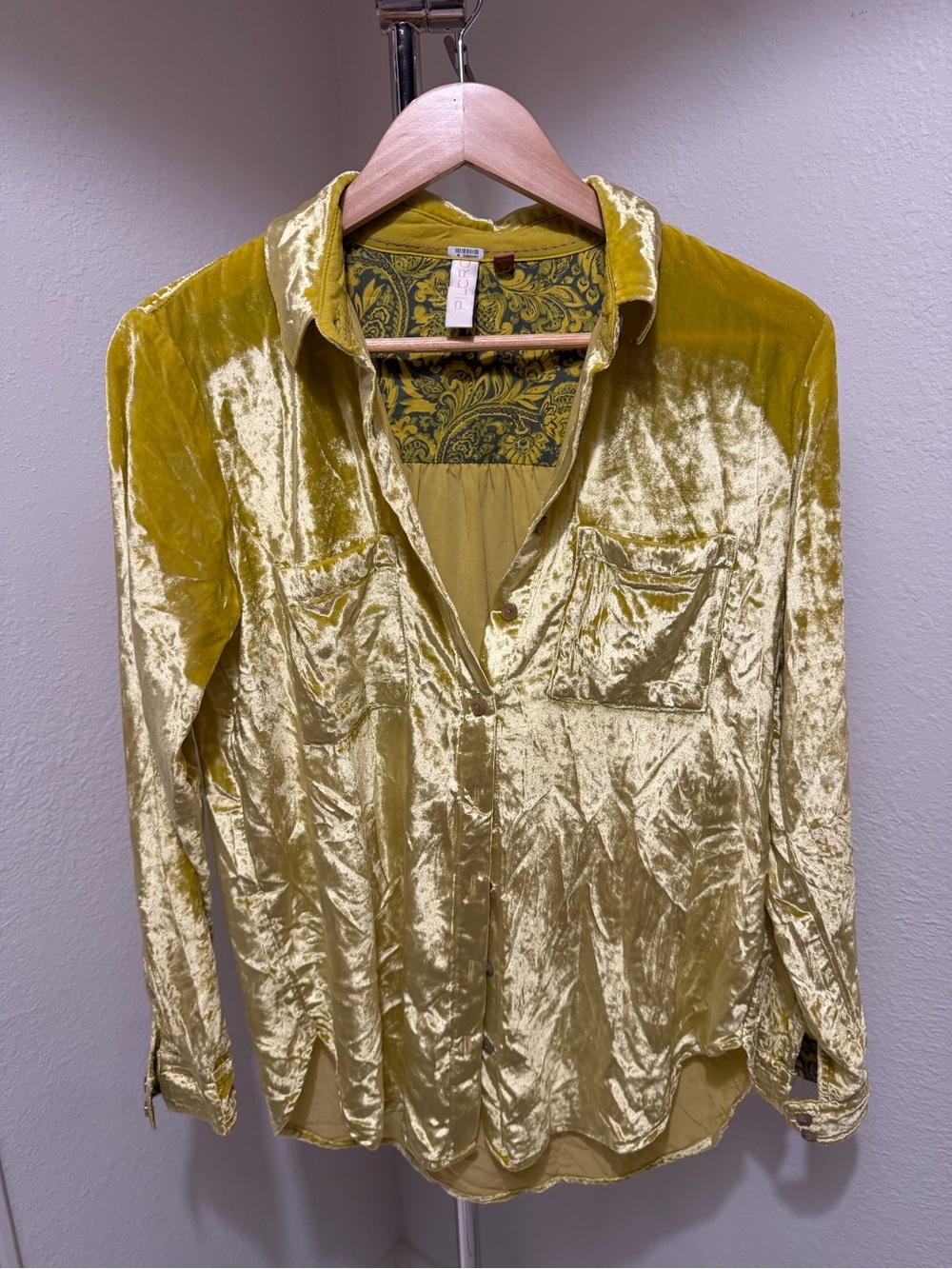 Pilcro Velvet Button-Down Shirt in Chartreuse Gold